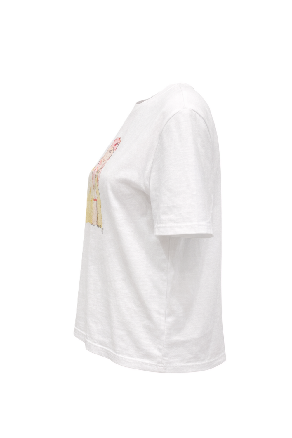 Shirt von Unrtig mit handgemaltem Druck. Das Shirt si cropped geschnitten und hat kurze Ärmel und eien Rundhalsausschnitt in weiß. 