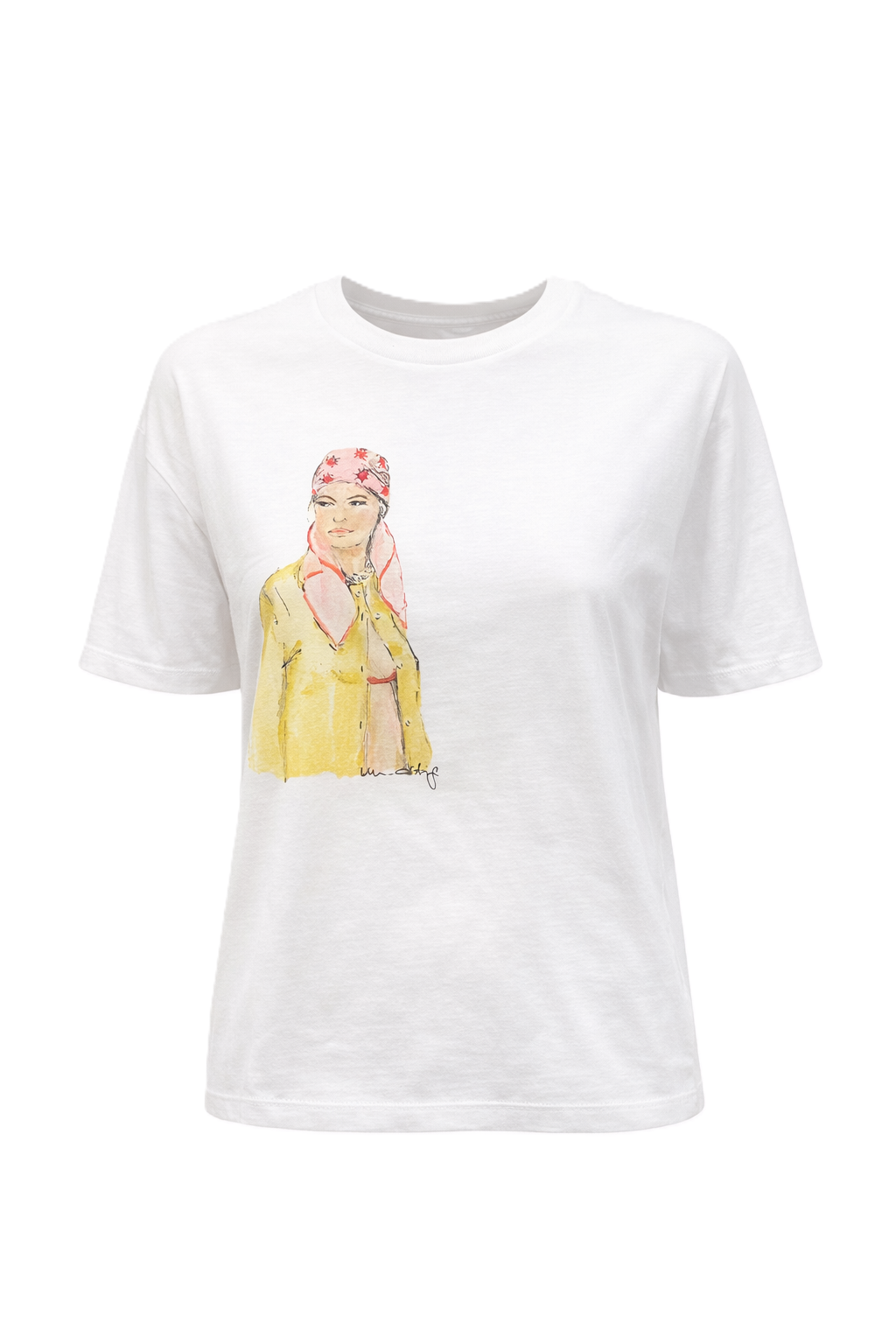 Shirt von Unrtig mit handgemaltem Druck. Das Shirt si cropped geschnitten und hat kurze Ärmel und eien Rundhalsausschnitt in weiß. 