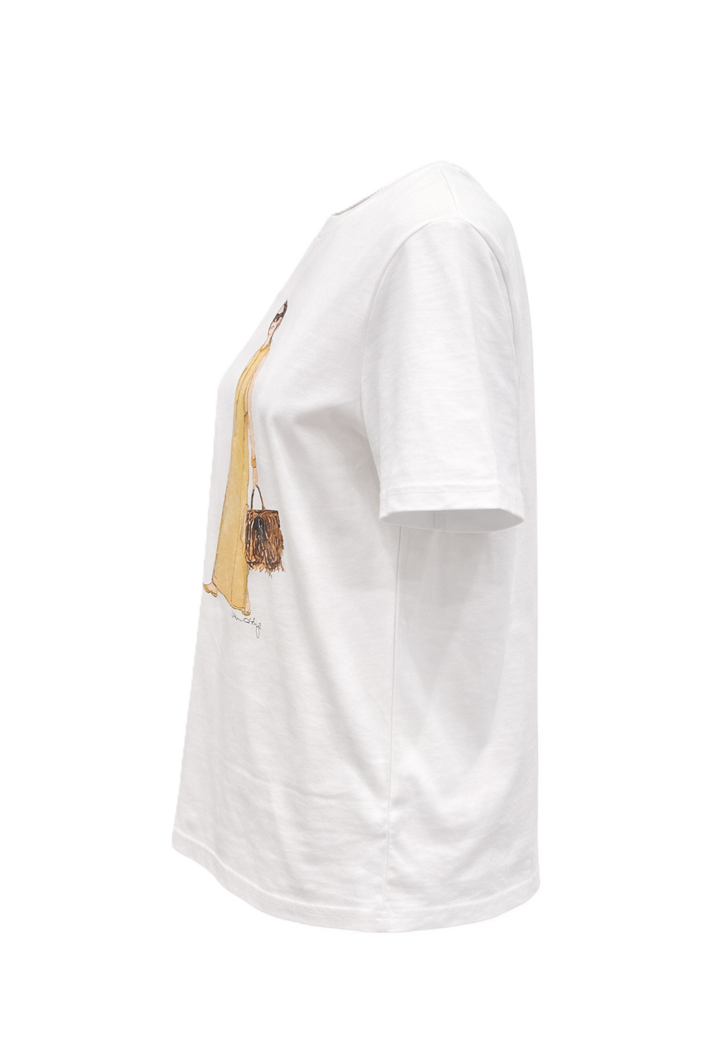 Shirt von Unartig aus Baumwolle mit handgemaltem Frauenprint mit Tasche  in weiß. Das Shirt ist lässig geschnitten, hat kurze Ärmel und einen Rundhalsausschnitt. 