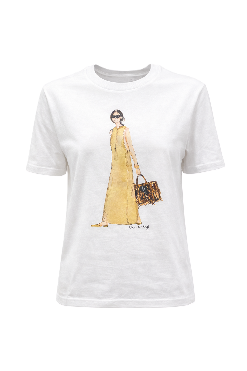 Shirt von Unartig aus Baumwolle mit handgemaltem Frauenrint mit Tasche  in weiß. Das Shirt ist lässig geschnitten, hat kurze Ärmel und einen Rundhalsausschnitt. 