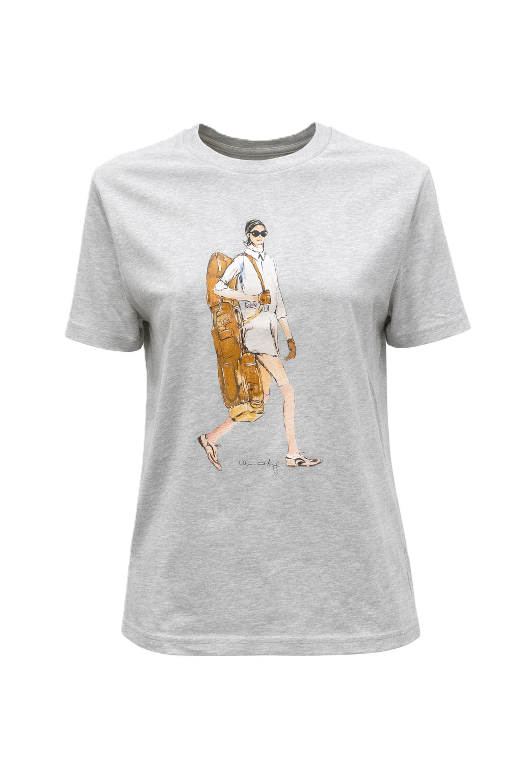 Shirt von Unartig in grau aus Baumwolle. Print mit Frau und Golfbag. Das Shirt hat kurze Ärmel und einen Rundhalsausschnitt und fällt lässig aus. 