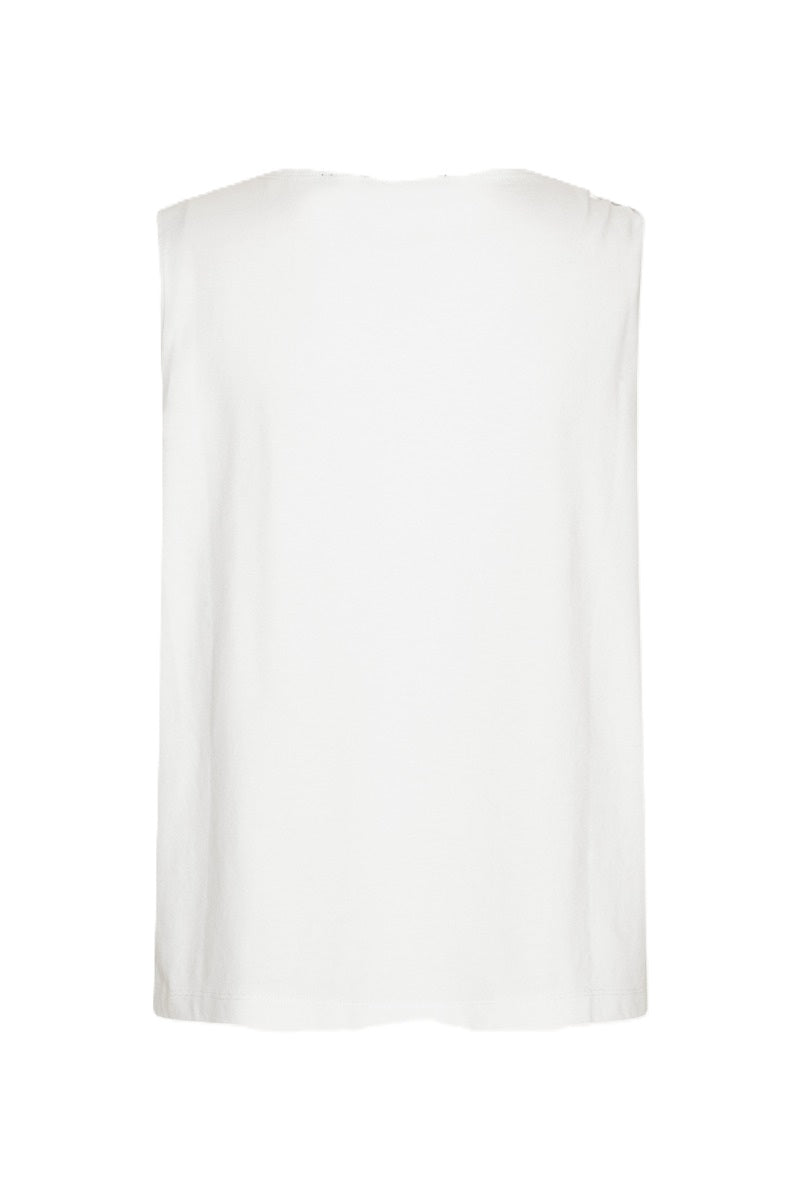 Tanktop Rotate in weiß. Das ärmellose Jersey-Tanktop in strahlendem Weiß ist aus weichem Baumwolljersey gefertigt. Es hat einen Rundhalsausschnitt mit einem kleinen, gerafften Knotendetail an einer Schulter, das der klaren Silhouette eine dezente Struktur verleiht. 