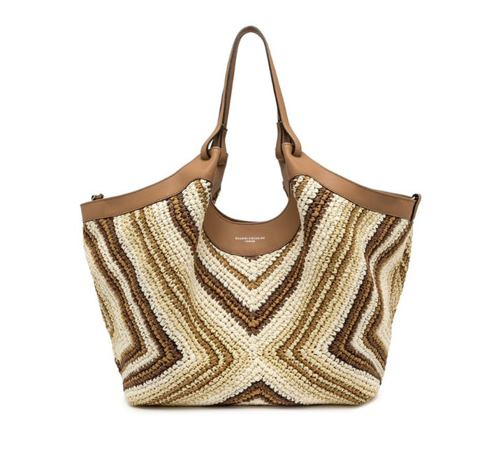 Handtasche DUA von Gianni Chiarini aus gewebtem Strohmaterial und Leder in einem schönen braunen Muster.