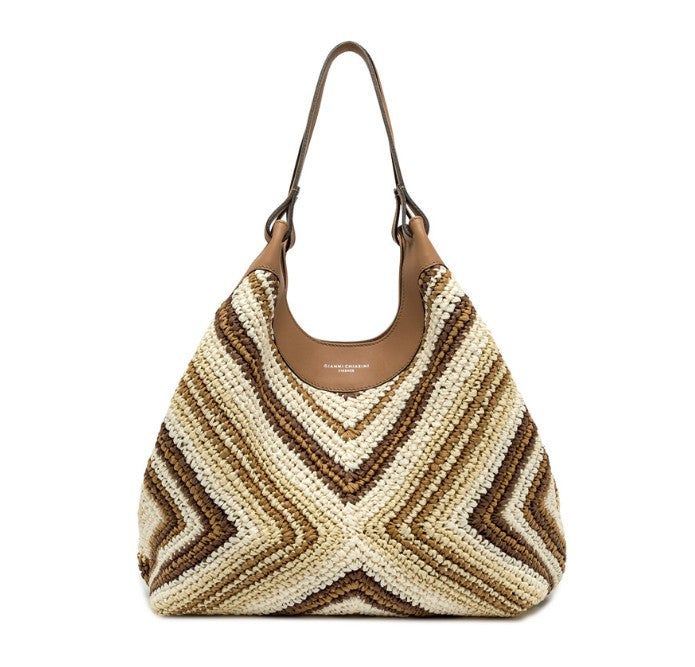 Handtasche DUA von Gianni Chiarini aus gewebtem Strohmaterial und Leder in einem schönen braunen Muster.