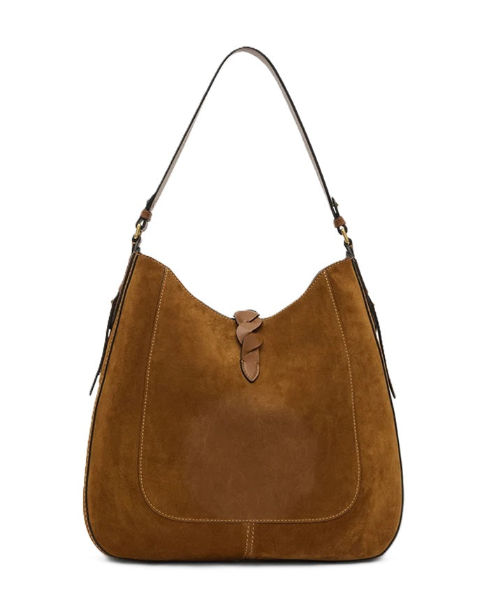 Tasche Isabel Marant ALTAY HOBO aus Kalbs-Veloursleder in Wildlederoptik und in COGNAC. Hobo-Form mit Tragegriff und verflochtener Lasche aus dunklerem Glattleder. Goldfarbene Metallbeschläge und Magnetverschluss mit Isabel Marant Gravur. Serge-Futter und Innenfach mit Reißverschluss.