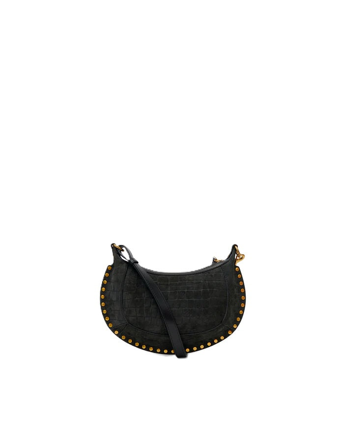Tasche Isabel Marant Oskan Moon Kroko in schwarz. Wunderschöne Schultertasche aus Ziegenveloursleder mit Kroko-Prägung. Die Tasche hat einen verstellbaren Schulterriemen mit Schnalle. Man kann sie sowohl in der Hand, als auch über der Schulter tragen. Sie hat Karabinerhaken und Ringe aus graviertem Metall und ein geprägtes "Isabel Marant" Logo auf der Vorderseite.