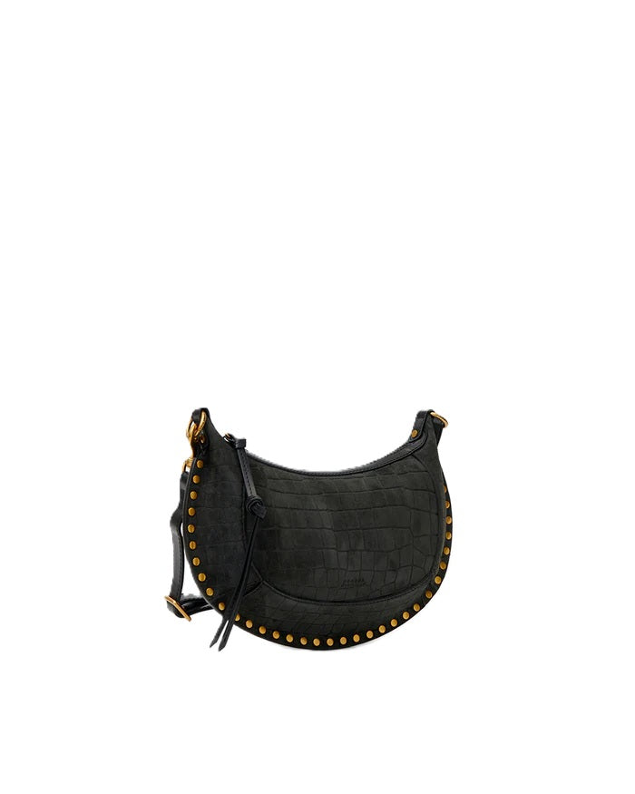 Tasche Isabel Marant Oskan Moon Kroko in schwarz. Wunderschöne Schultertasche aus Ziegenveloursleder mit Kroko-Prägung. Die Tasche hat einen verstellbaren Schulterriemen mit Schnalle. Man kann sie sowohl in der Hand, als auch über der Schulter tragen. Sie hat Karabinerhaken und Ringe aus graviertem Metall und ein geprägtes "Isabel Marant" Logo auf der Vorderseite.