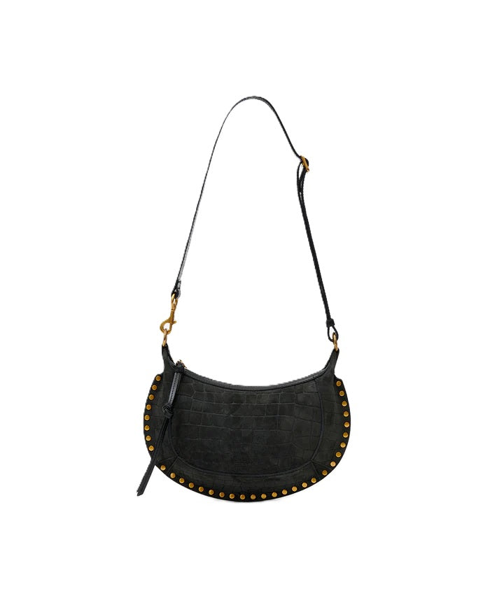Tasche Isabel Marant Oskan Moon Kroko in schwarz. Wunderschöne Schultertasche aus Ziegenveloursleder mit Kroko-Prägung. Die Tasche hat einen verstellbaren Schulterriemen mit Schnalle. Man kann sie sowohl in der Hand, als auch über der Schulter tragen. Sie hat Karabinerhaken und Ringe aus graviertem Metall und ein geprägtes "Isabel Marant" Logo auf der Vorderseite.