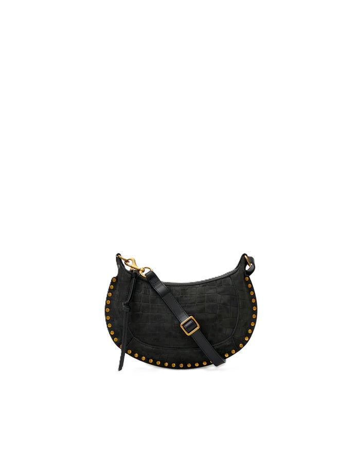 Tasche Isabel Marant Oskan Moon Kroko in schwarz. Wunderschöne Schultertasche aus Ziegenveloursleder mit Kroko-Prägung. Die Tasche hat einen verstellbaren Schulterriemen mit Schnalle. Man kann sie sowohl in der Hand, als auch über der Schulter tragen. Sie hat Karabinerhaken und Ringe aus graviertem Metall und ein geprägtes "Isabel Marant" Logo auf der Vorderseite.