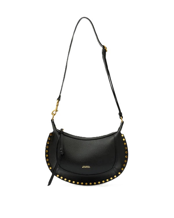 Tasche Isabel Marant OSKAN MOON. Diese elegante Baguette-Schultertasche ist aus genarbtem, pflanzlich gegerbtem Kalbsleder in Schwarz gefertigt. Der abnehmbare und verstellbare Tragriemen ermöglicht vielseitige Trageoptionen. Im Inneren bietet die Tasche zwei Fächer sowie ein mittiges Reißverschlussfach. Goldfarbene Details und das Logo auf der Vorderseite 