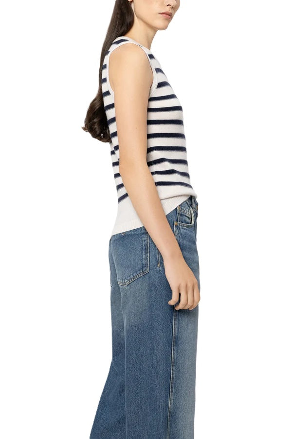 Top von Luisa Cerano mit Ringel. Top aus Kaschmir Mix ohne Ärmel. American Soulders in blau und weiß. 