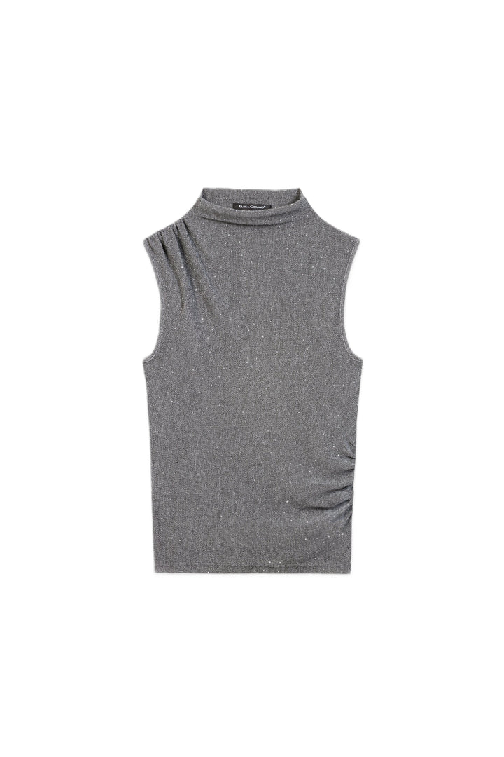 Silber-graues Mesh-Top von Luisa Cerano mit Glitzerstein-Besatz, angeschnittenem Rollkragen und körpernaher Passform.