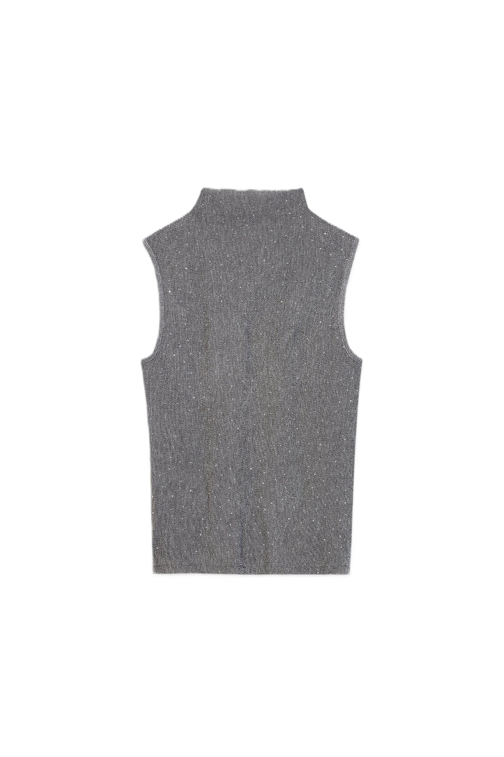 Silber-graues Mesh-Top von Luisa Cerano mit Glitzerstein-Besatz, angeschnittenem Rollkragen und körpernaher Passform.