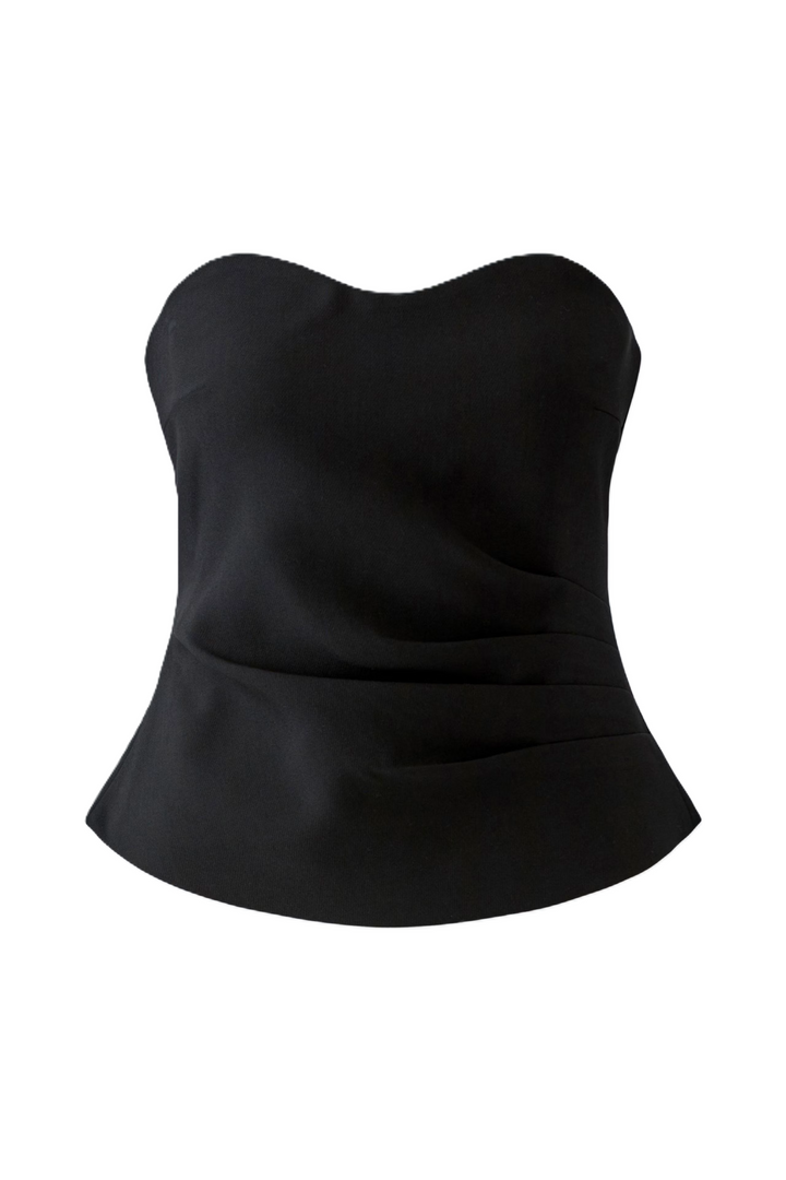 Top Oui Korsage in Schwarz. Taillierter, verkürzter Schnitt mit schulterfreiem Design und geschwungenem Dekolleté. Raffungen an der Taille und formgebende Abnäher. Reißverschluss hinten.