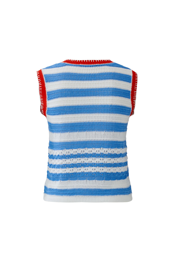 Top Oui. Dieses lässiges Stricktop in Häkeloptik mit kontrastfarbener Stickerei ist ein richtiges Highlight. Das Shirt besteht aus reiner Baumwolle. Es ist lässig geschnitten und hat eine verkürzte Länge. Der Rundhalsausschnitt hat eine Blende. Das Shirt hat breite Träger und ist hinten hochgeschlossen.
