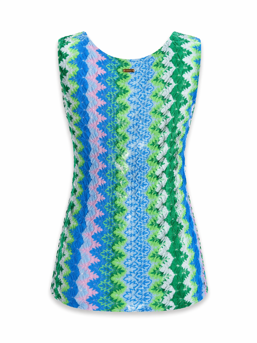 Shirt Pho Firenze in blau und grün. Schönes sommerliches Shirt im Zickzack-Muster. Das Shirt hat einen schönen V-Ausschnitt und keine Ärmel. Es ist mit einem feinen Glitzergarn durchzogen. Der leichte Schimmer verleiht dem Shirt das gewisse Etwas. Es hat eine leicht taillierte Form.