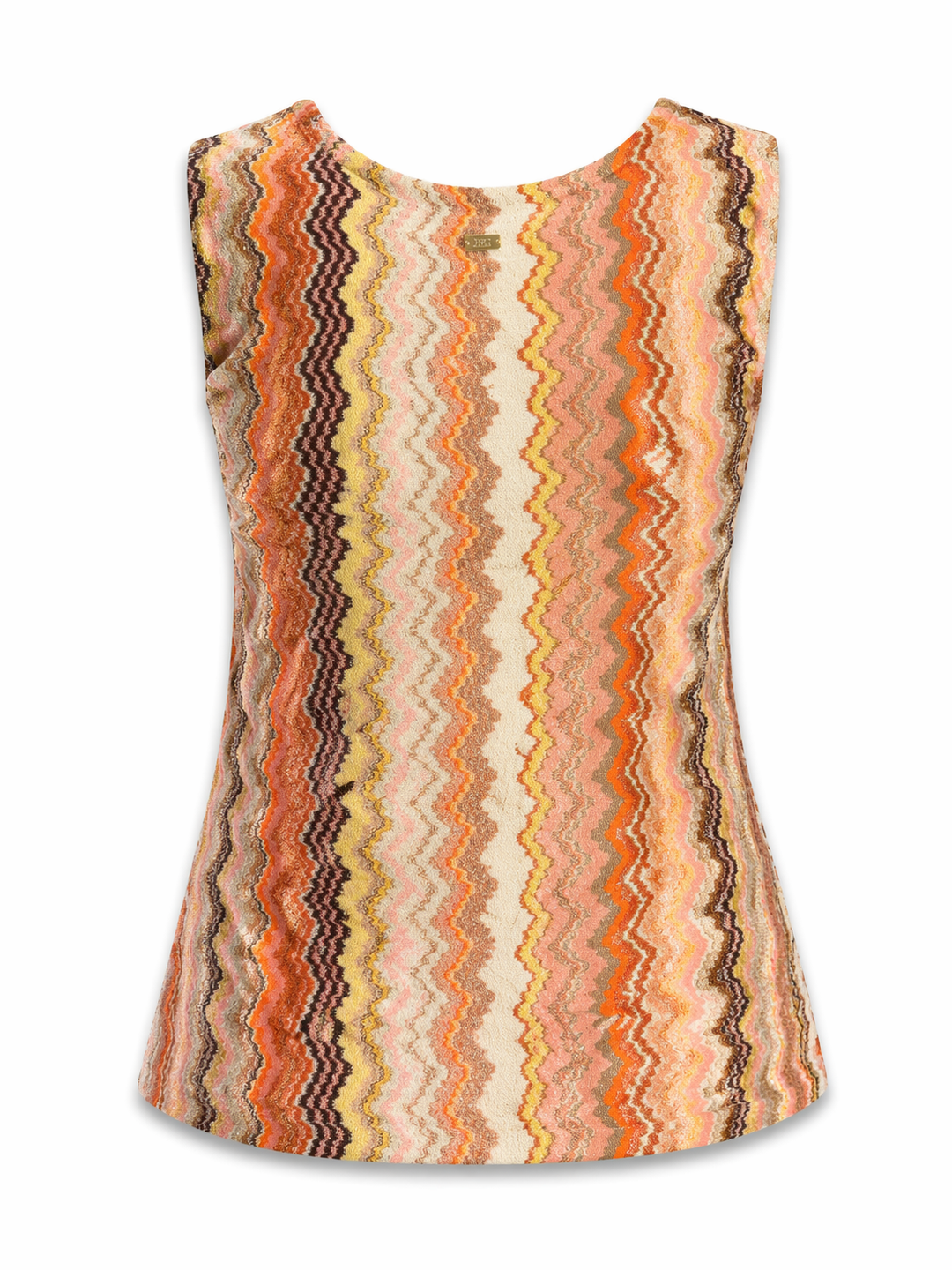 Top Pho Firenze terra in orange und gold. Super schönes Top im bekannten Zickzack-Muster. Die Farben sind warm und ansprechend. Das Glitzergarn schimmert zart und verleiht dem Top eine feine Note. Das Top hat keine Ärmel und einen V-Ausschnitt. Wir haben es in mehreren Farben. Außerdem haben wir die passende Hose dazu.