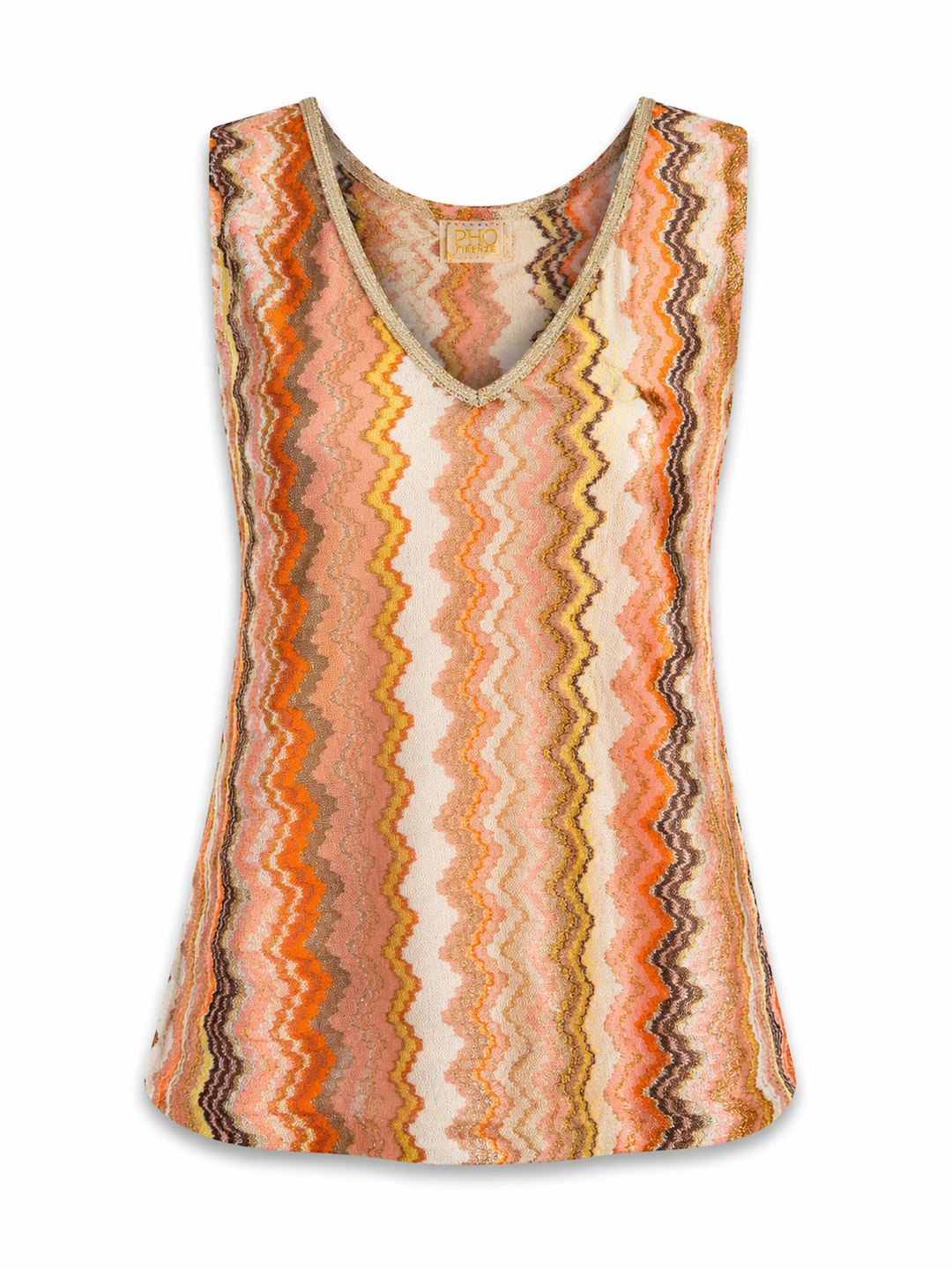 Top Pho Firenze terra in orange und gold. Super schönes Top im bekannten Zickzack-Muster. Die Farben sind warm und ansprechend. Das Glitzergarn schimmert zart und verleiht dem Top eine feine Note. Das Top hat keine Ärmel und einen V-Ausschnitt. Wir haben es in mehreren Farben. Außerdem haben wir die passende Hose dazu.