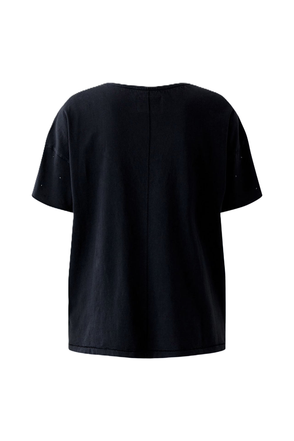 Ein schwarzes Baumwoll-T-shirt mit dekorativen Glitzersteinchen. Es hat kurze überschnittene Ärmel und einen Rundhalsausschnitt.