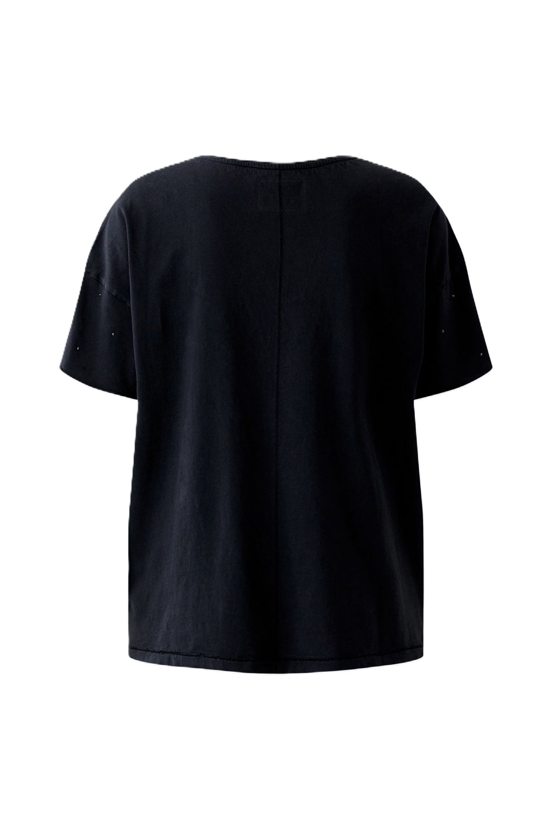 Ein schwarzes Baumwoll-T-shirt mit dekorativen Glitzersteinchen. Es hat kurze überschnittene Ärmel und einen Rundhalsausschnitt.