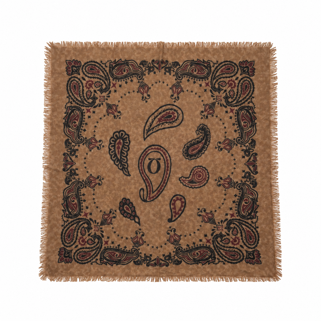 Tuch Pur Schoen PAISLEY PUNK in Dunkelbraun. Fransen an den Abschlüssen und ein aufgenähter Pur Schoen Label-Patch. Besteht aus 100% Cashmere.