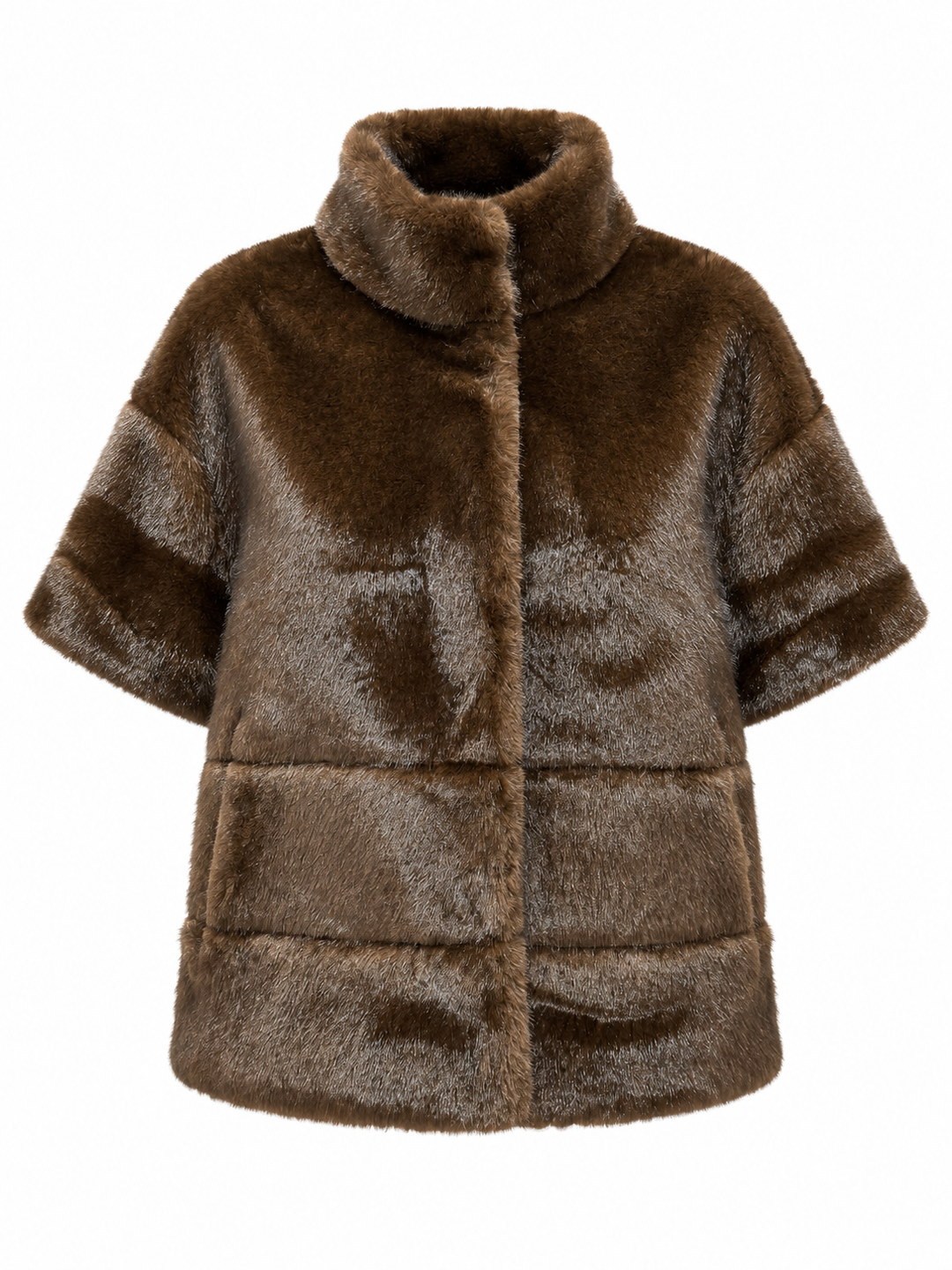 Wende-Jacke Mayar von PRIDE TO BE in Olive und Braun mit Kunstfell- und Nylonseite, Stehkragen, kurzen Ärmeln und verdeckter Knopfleiste.