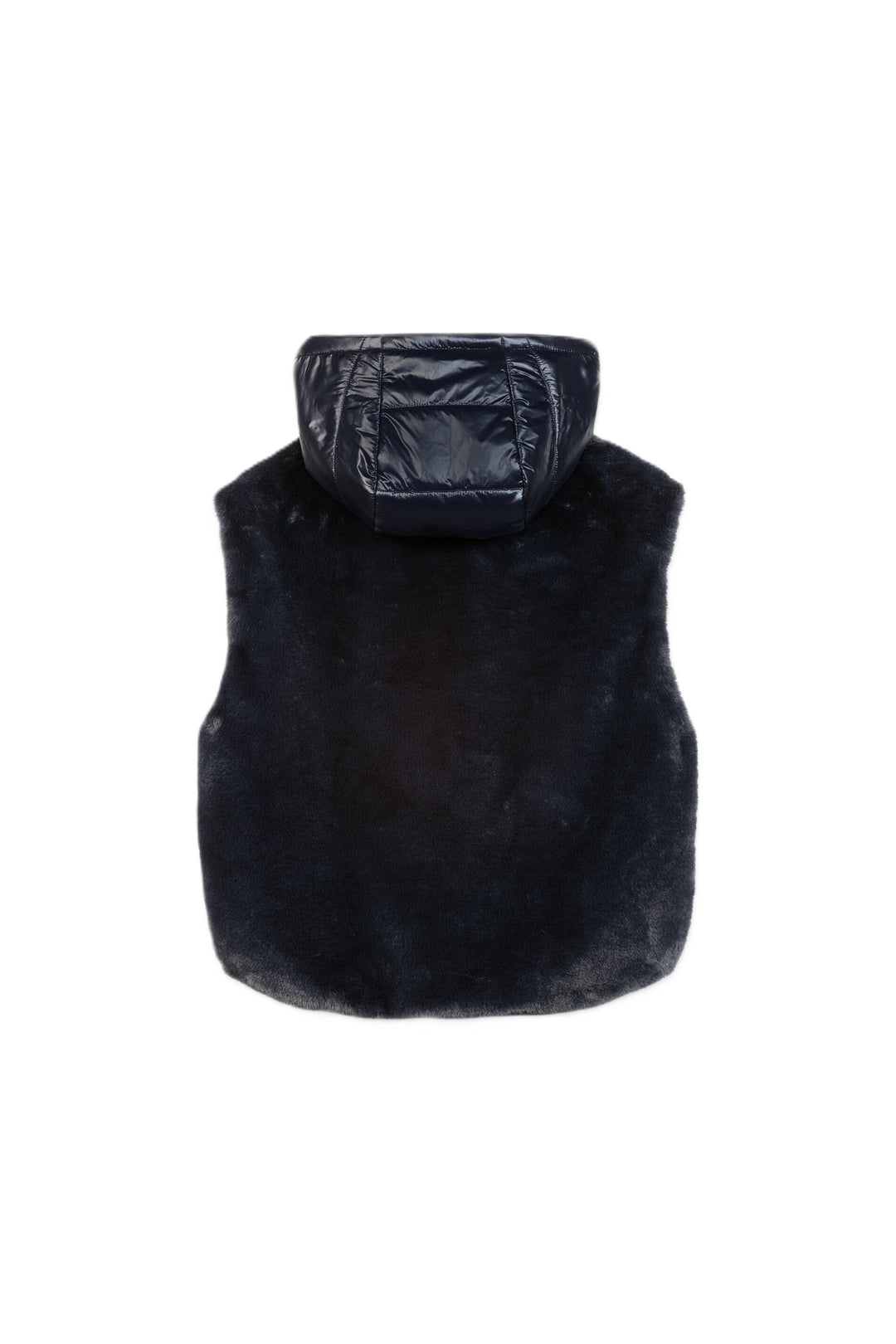 Weste Luisa Cerano in Winter Navy. Diese Weste aus besonders weichem und leichtem Webpelz überzeugt mit ihrer kuscheligen Haptik und einem modernen, leicht verkürzten Schnitt. Die verstellbare Kapuze, der elastische Saum und praktische Eingriffstaschen unterstreichen den sportiv-eleganten Look.