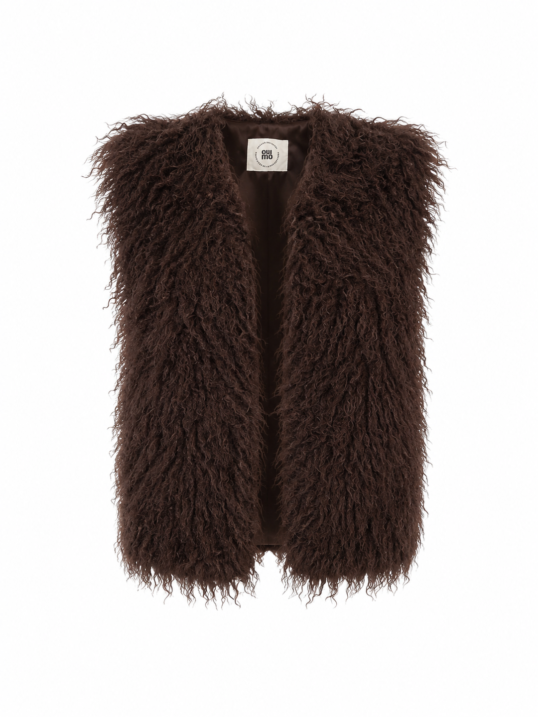 Eine dunkelbraune Weste aus Kunstfell ohne Ärmel. Sie hat einen V-Ausschnitt und lässt sich für perfekte Herbst und Winterlooks stylen.