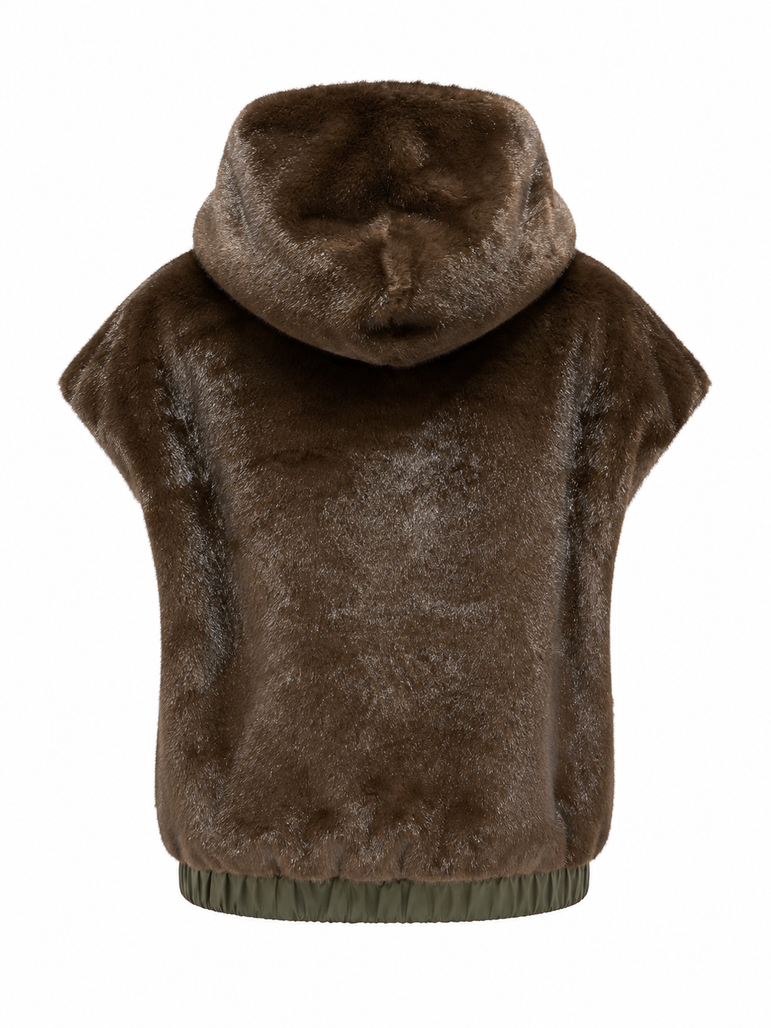Wende-Weste Mia Reversible von PRIDE TO BE in Olive und Braun mit Kunstfell- und Nylonseite, großer Kapuze, boxy Schnitt und Reißverschluss.