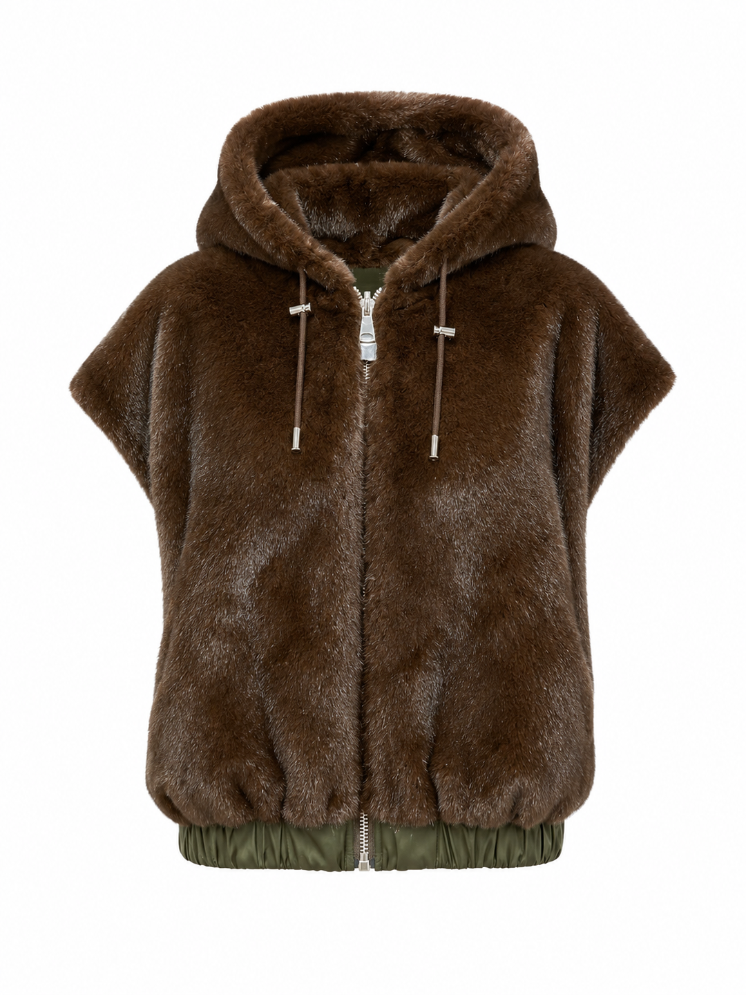 Wende-Weste Mia Reversible von PRIDE TO BE in Olive und Braun mit Kunstfell- und Nylonseite, großer Kapuze, boxy Schnitt und Reißverschluss.
