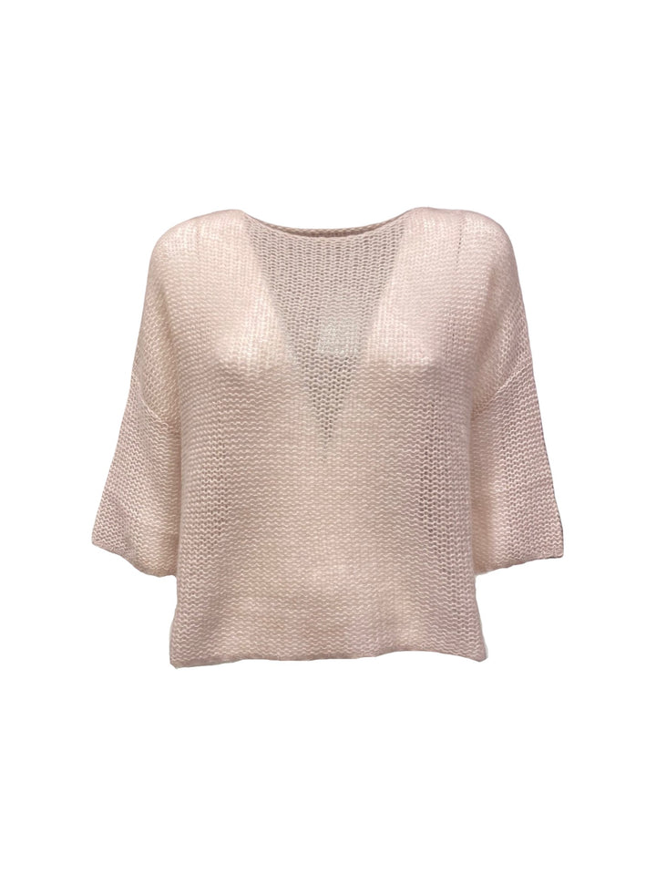 Pullover Lu Ren Bene Kaschmir Seide. Sehr weicher Strick mit Rundhalsausschnitt und 3/4 Ärmeln in locker gestrickter Ware in rosa. 