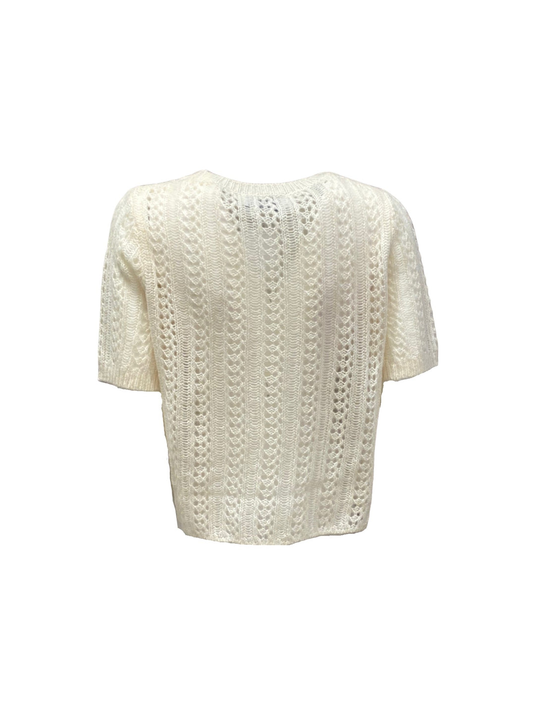 Pullover Lu Ren Sakura Ajourstrick mit Kurzarm in ecru. Der Pullover ist leicht transparent. Der Pullover hat einen Rundhalsausschnitt und besteht aus Cashmere Seide. 