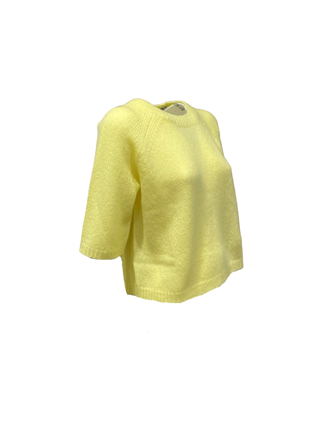 Strickpullover Lu Ren Shii aus Kaschmir und Seide. Der Pullover ist cropped geschnitten und hat einen Kurzarm. Rundhalsausschnitt und tolle leichte Ware in gelb. 
