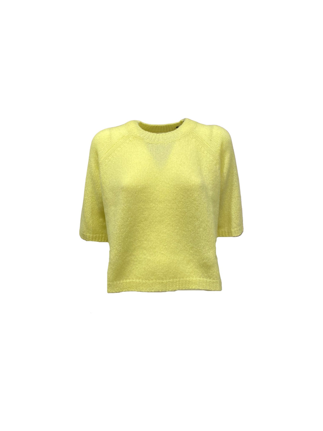 Strickpullover Lu Ren Shii aus Kaschmir und Seide. Der Pullover ist cropped geschnitten und hat einen Kurzarm. Rundhalsausschnitt und tolle leichte Ware in gelb. 