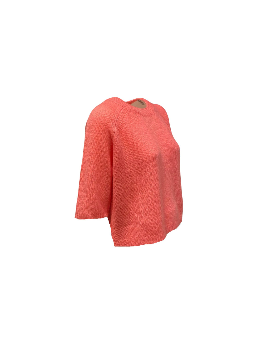 Strickpullover Lu Ren Shii aus Kaschmir und Seide. Der Pullover ist cropped geschnitten und hat einen Kurzarm. Rundhalsausschnitt und tolle leichte Ware in koralle. 