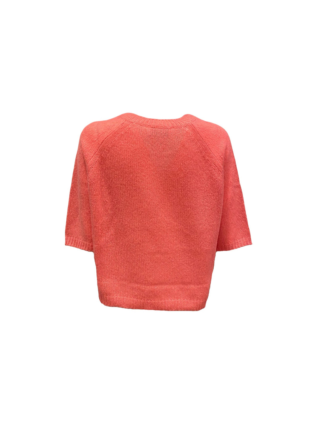 Strickpullover Lu Ren Shii aus Kaschmir und Seide. Der Pullover ist cropped geschnitten und hat einen Kurzarm. Rundhalsausschnitt und tolle leichte Ware in koralle. 