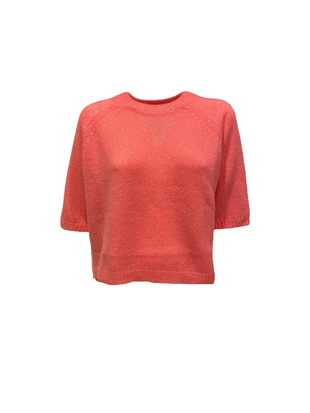 Strickpullover Lu Ren Shii aus Kaschmir und Seide. Der Pullover ist cropped geschnitten und hat einen Kurzarm. Rundhalsausschnitt und tolle leichte Ware in koralle. 