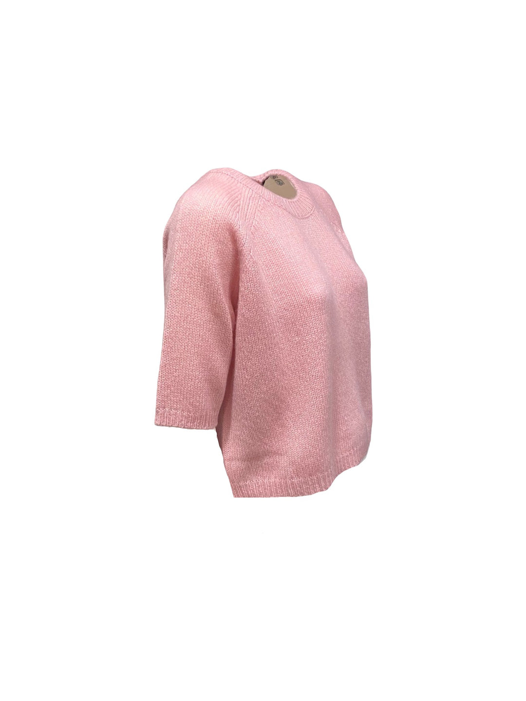 Strickpullover Lu Ren Shii aus Kaschmir und Seide. Der Pullover ist cropped geschnitten und hat einen Kurzarm. Rundhalsausschnitt und tolle leichte Ware in rosa.