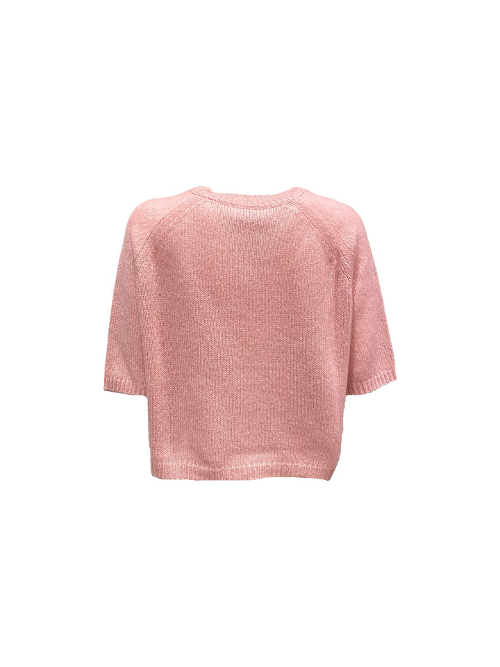 Strickpullover Lu Ren Shii aus Kaschmir und Seide. Der Pullover ist cropped geschnitten und hat einen Kurzarm. Rundhalsausschnitt und tolle leichte Ware in rosa.