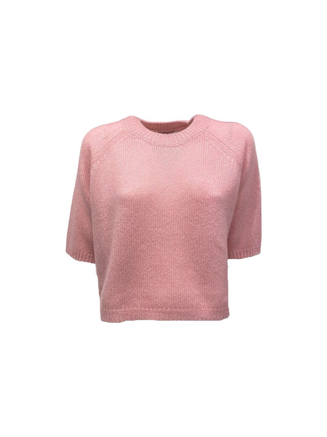 Strickpullover Lu Ren Shii aus Kaschmir und Seide. Der Pullover ist cropped geschnitten und hat einen Kurzarm. Rundhalsausschnitt und tolle leichte Ware in rosa.