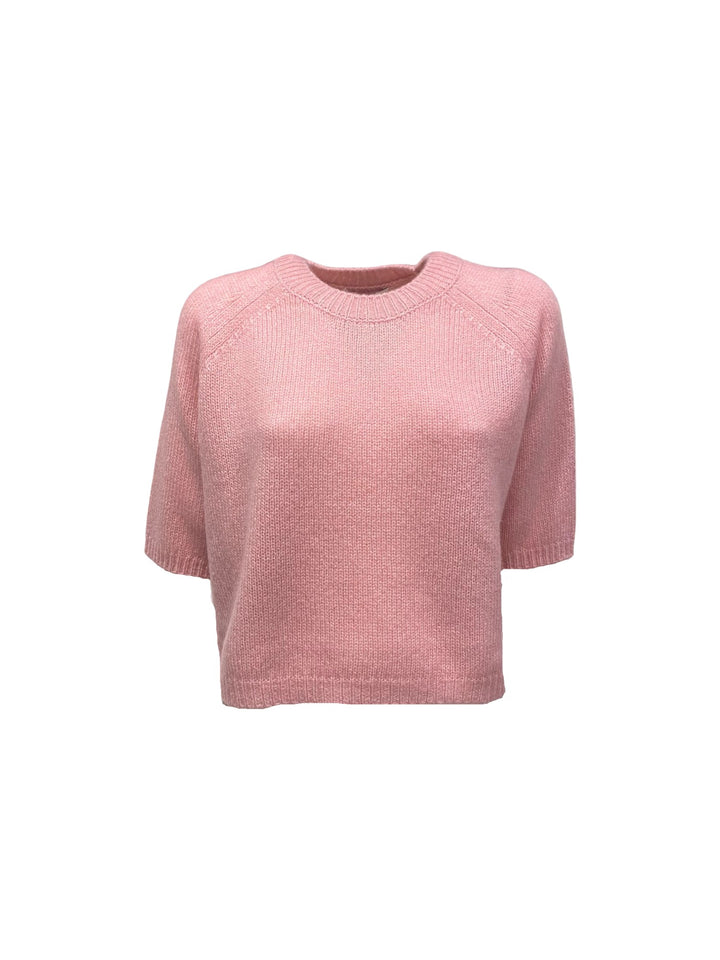 Strickpullover Lu Ren Shii aus Kaschmir und Seide. Der Pullover ist cropped geschnitten und hat einen Kurzarm. Rundhalsausschnitt und tolle leichte Ware in rosa.